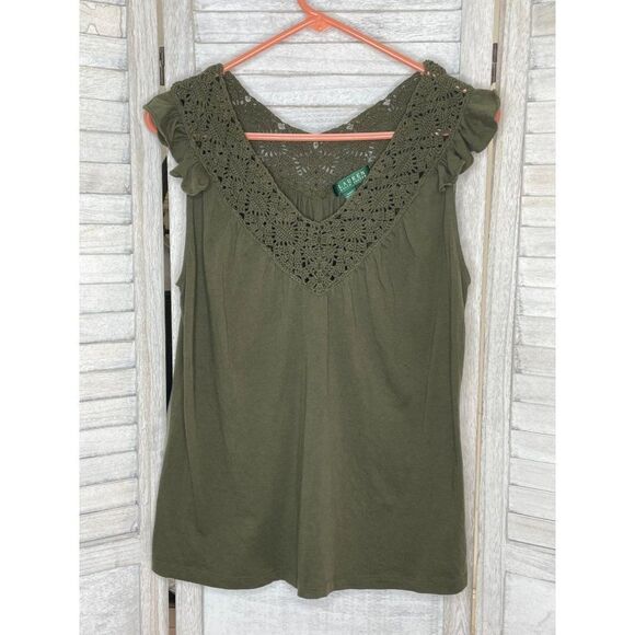 Ralph Lauren Army Green Crochet V Neck Tank Top Size Small - Picture 1 of 4